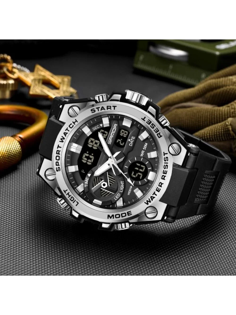 Men's Black And White Analog Quartz Sports Waterproof Military LED Digital Watch